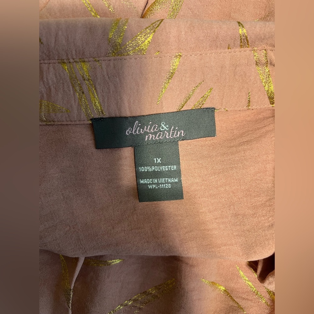 Olivia & Martin 1X Peach V-Neck Tunic Gold Foil Popover Cuff Sleeve Women Top - Picture 5 of 7